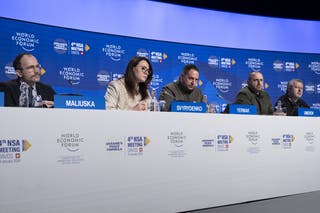 Ukraineโs (L-R) justice minister Denys Maliuska, first deputy prime minister Yulia Svyrydenko, head of the office of the president Andriy Yermak, defence minister Rustem Umerov and prosecutor general Andriy Kostin attend a press conference in Davos